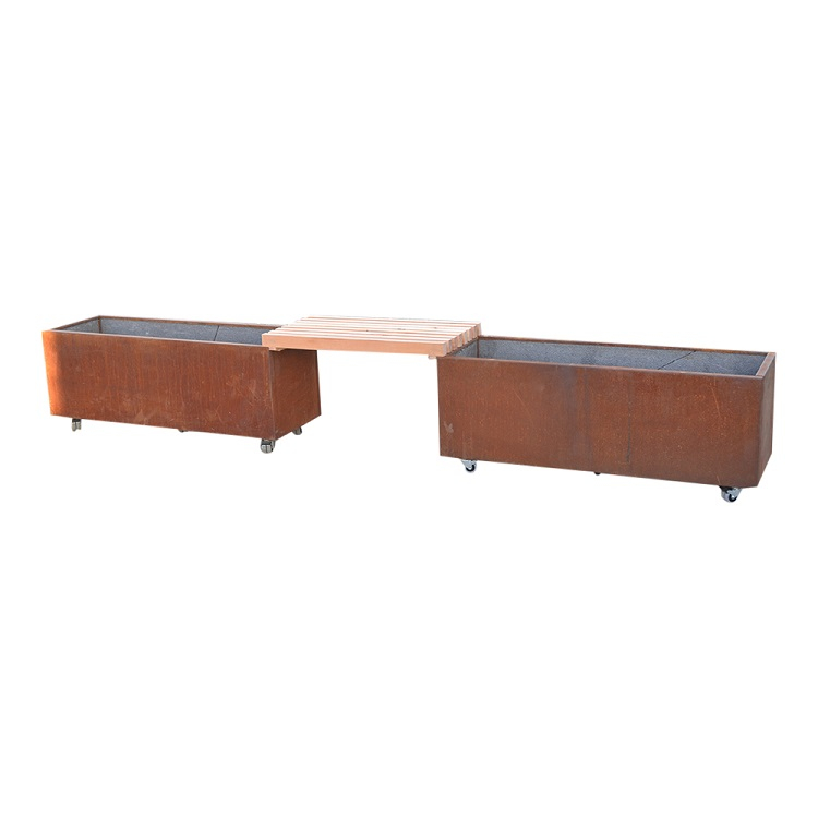 Plantekassesæt med bænk i cortenstål | 120 x 40 x 40 cm