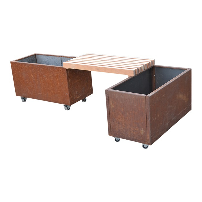 Plantekassesæt med bænk i cortenstål | 80 x 40 x 40 cm