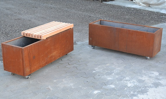 Plantekassesæt med bænk i cortenstål | 120 x 40 x 40 cm