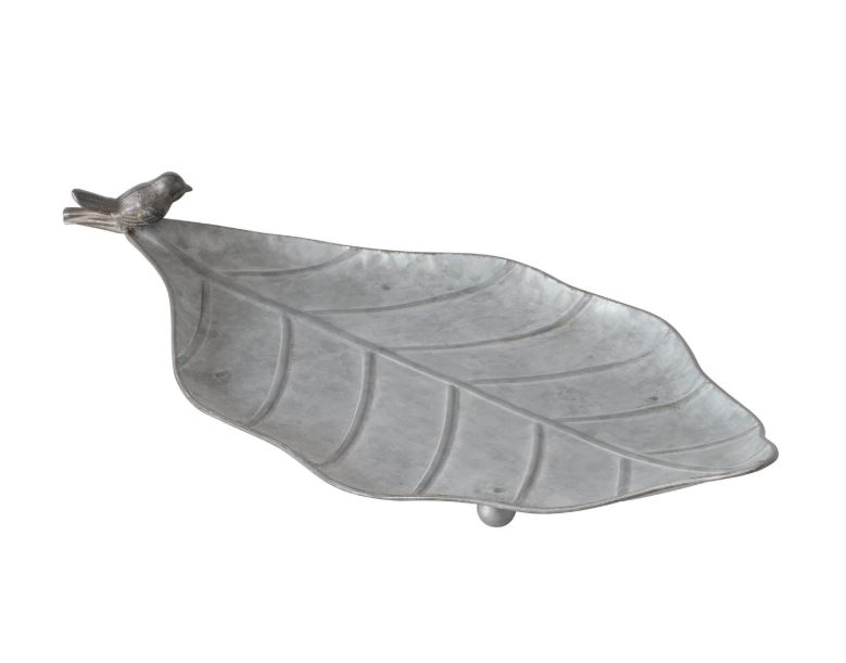Fuglebad | Grå blad med fugl på kanten og små kuglefødder 