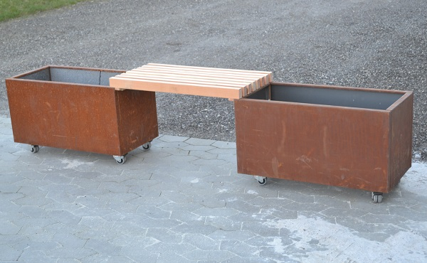 Plantekassesæt med bænk i cortenstål | 80 x 40 x 40 cm