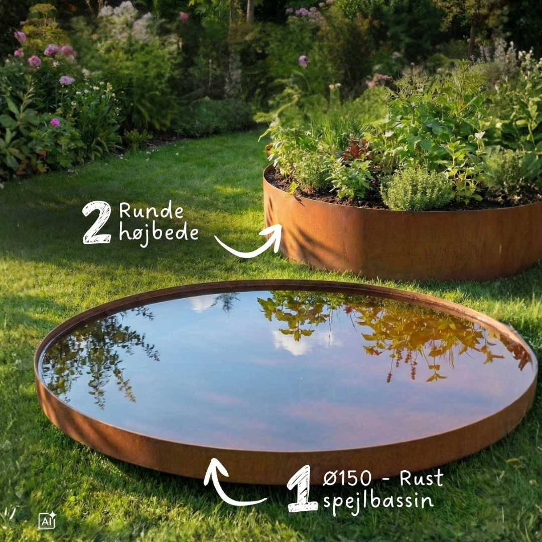 Rust spejlbassin Ø150 med runde højbede | Flere størrelser