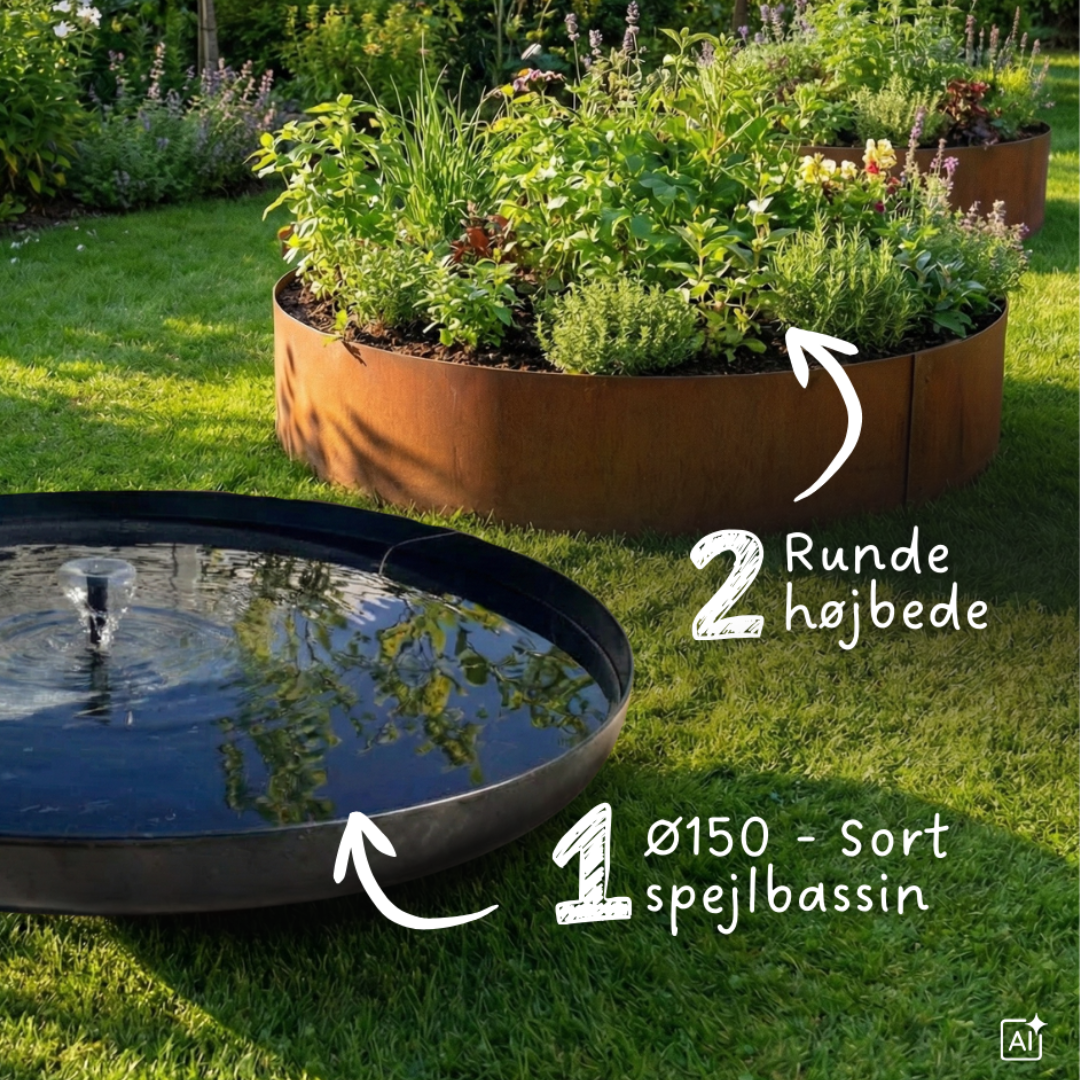 Sort rundt spejlbassin Ø150 med runde højbede | Flere størrelser