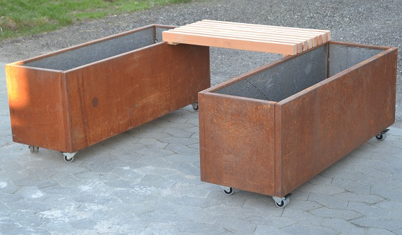 Plantekassesæt med bænk i cortenstål | 120 x 40 x 40 cm