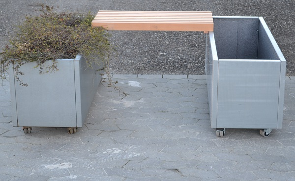 Plantekassesæt med bænk i galvaniseret stål | 120 x 40 x 40 cm